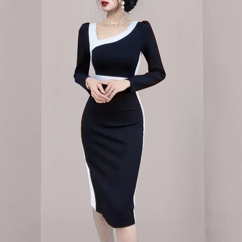 Black-white mixed colors splice spring temperament dress