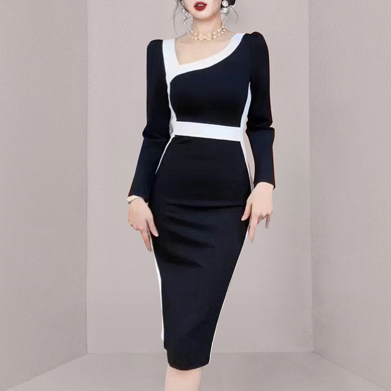 Black-white mixed colors splice spring temperament dress
