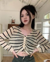 V-neck knitted long sleeve loose stripe drawstring smock