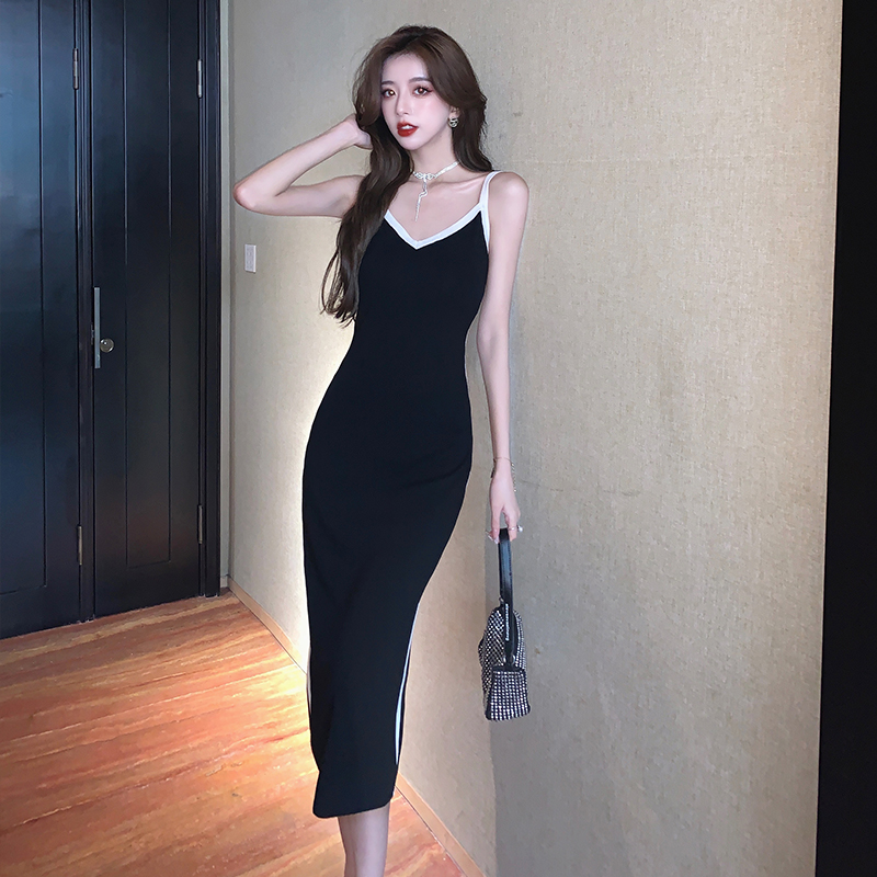 V-neck sexy temperament long dress black knitted dress