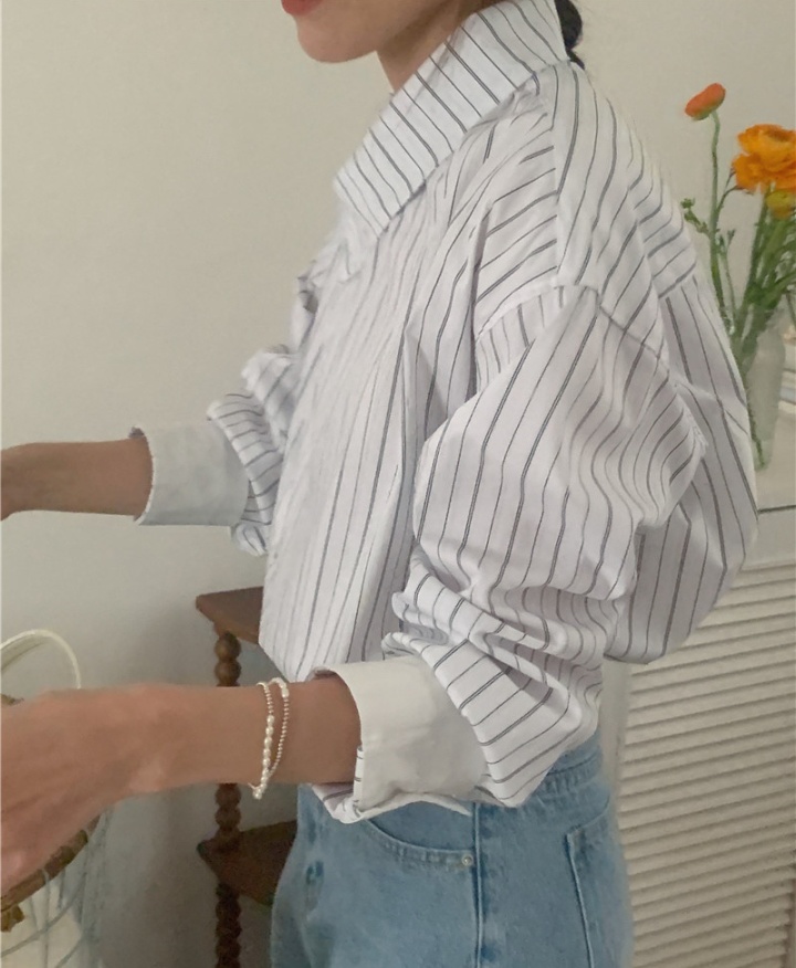 Irregular mixed colors long sleeve stripe Korean style shirt