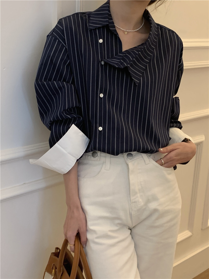 Irregular mixed colors long sleeve stripe Korean style shirt