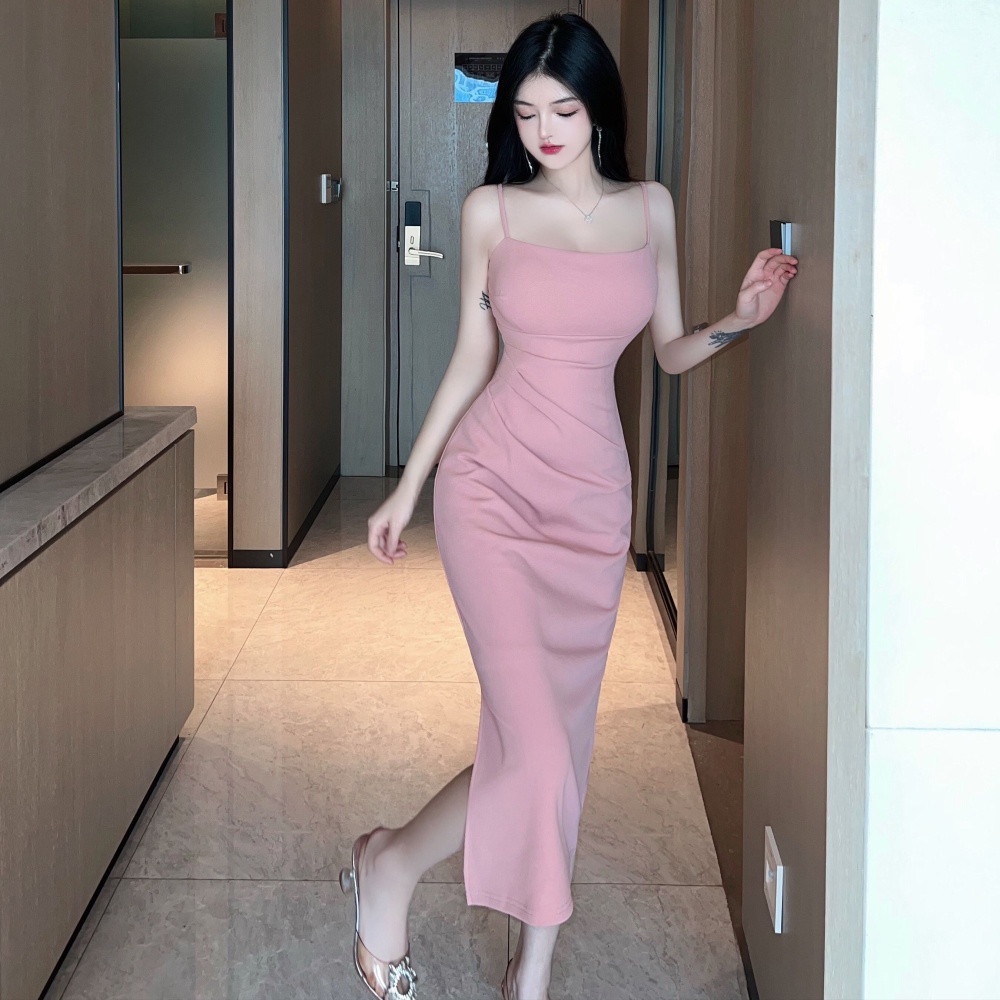 Pinched waist pink temperament dress short long long dress