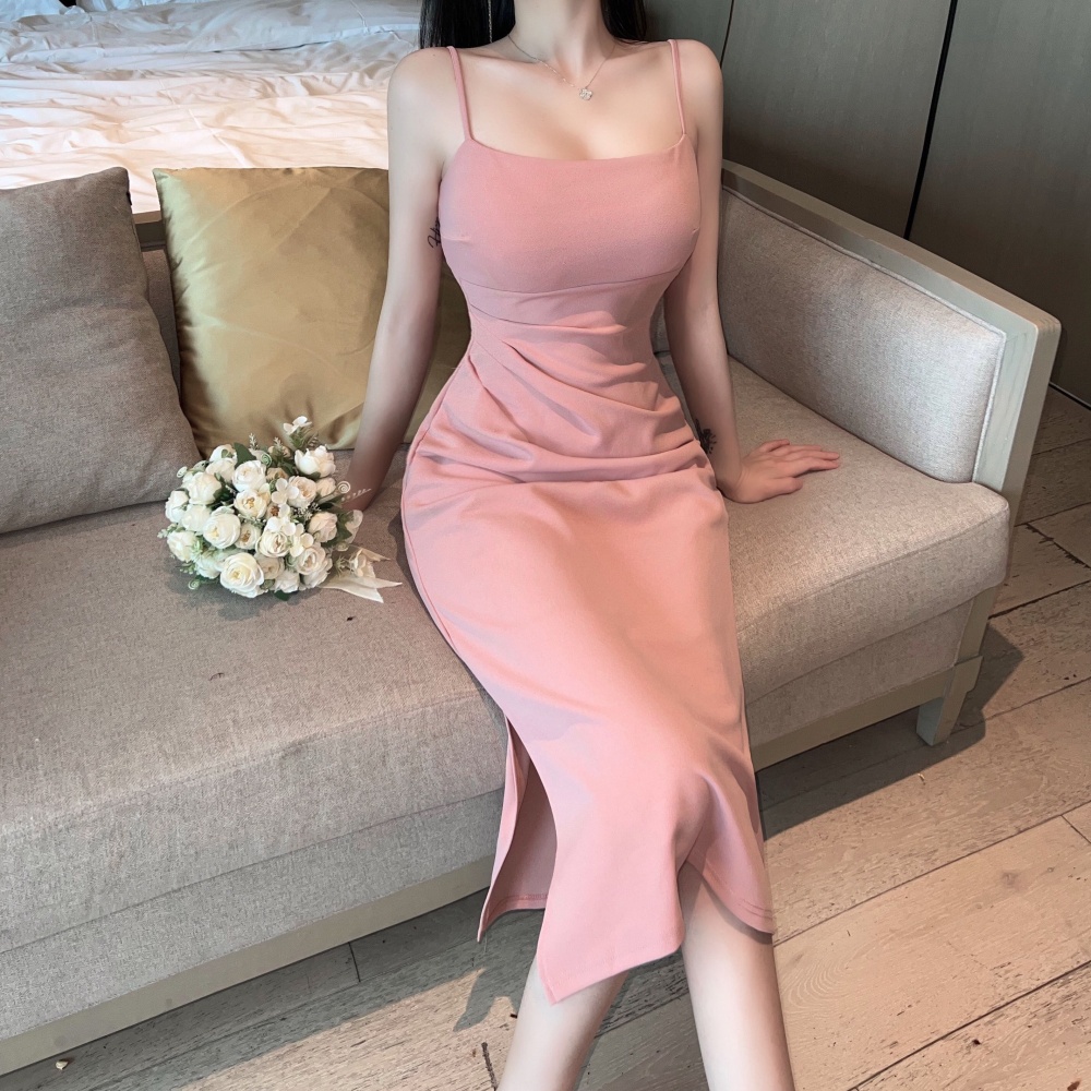 Pinched waist pink temperament dress short long long dress