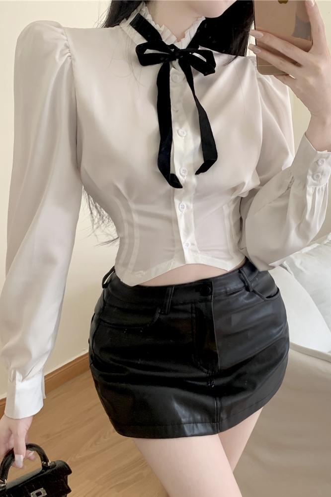 Cstand collar slim shirt unique black collar tops for women