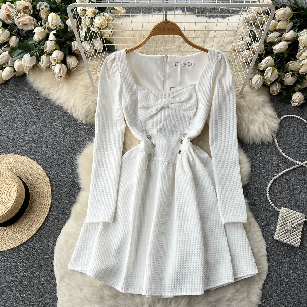 Spring pinched waist dress bow France style lady dress