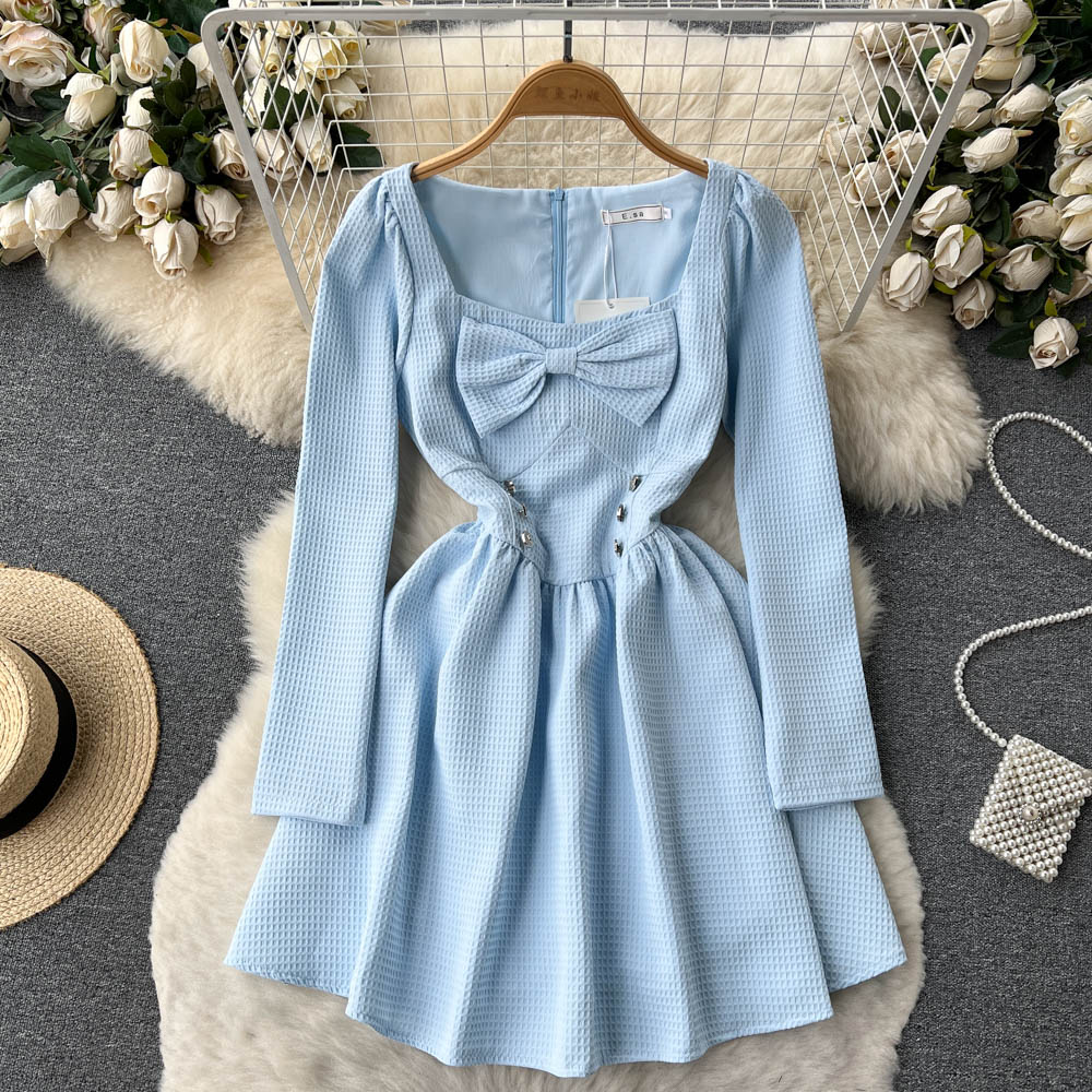 Spring pinched waist dress bow France style lady dress