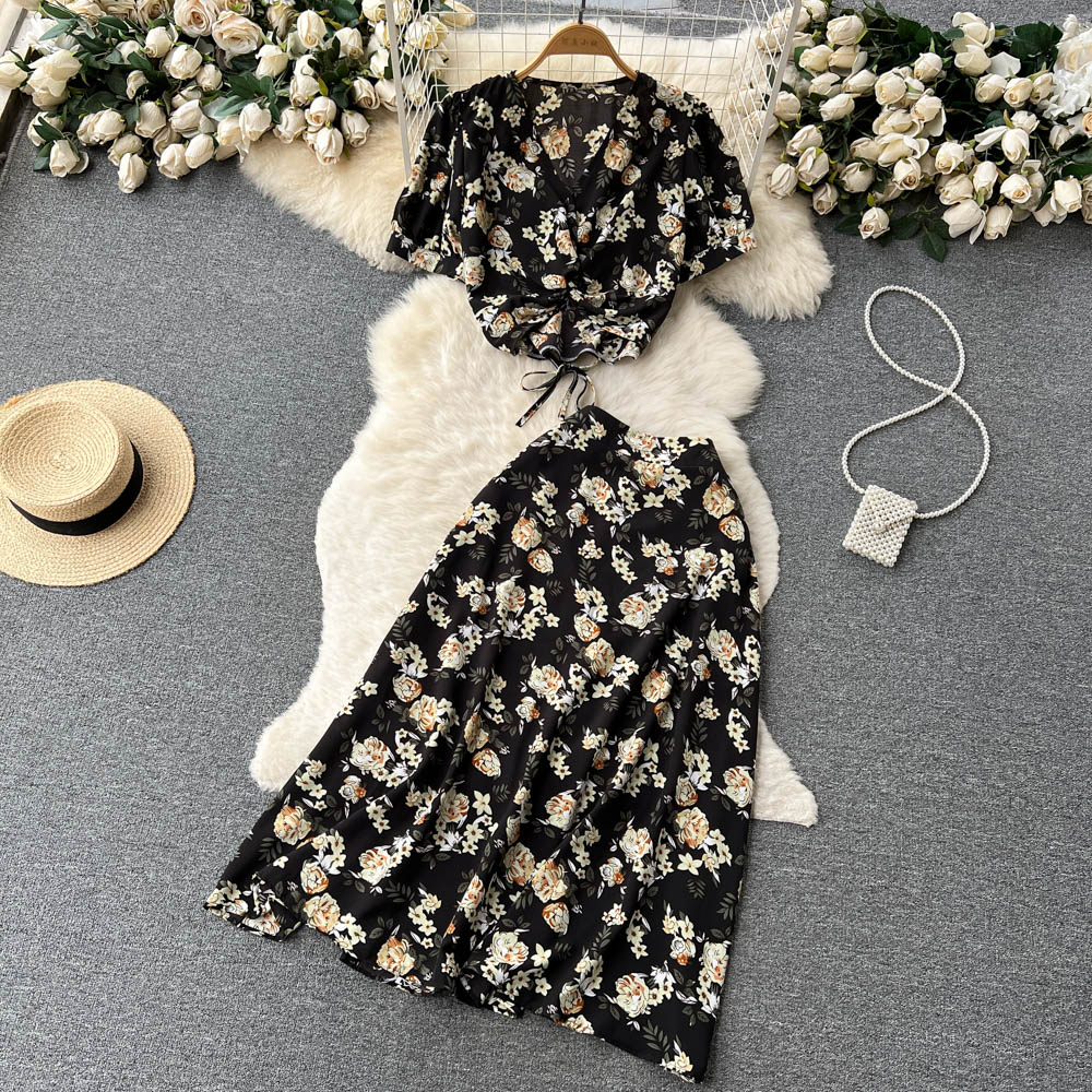 Short summer skirt floral tops 2pcs set for women