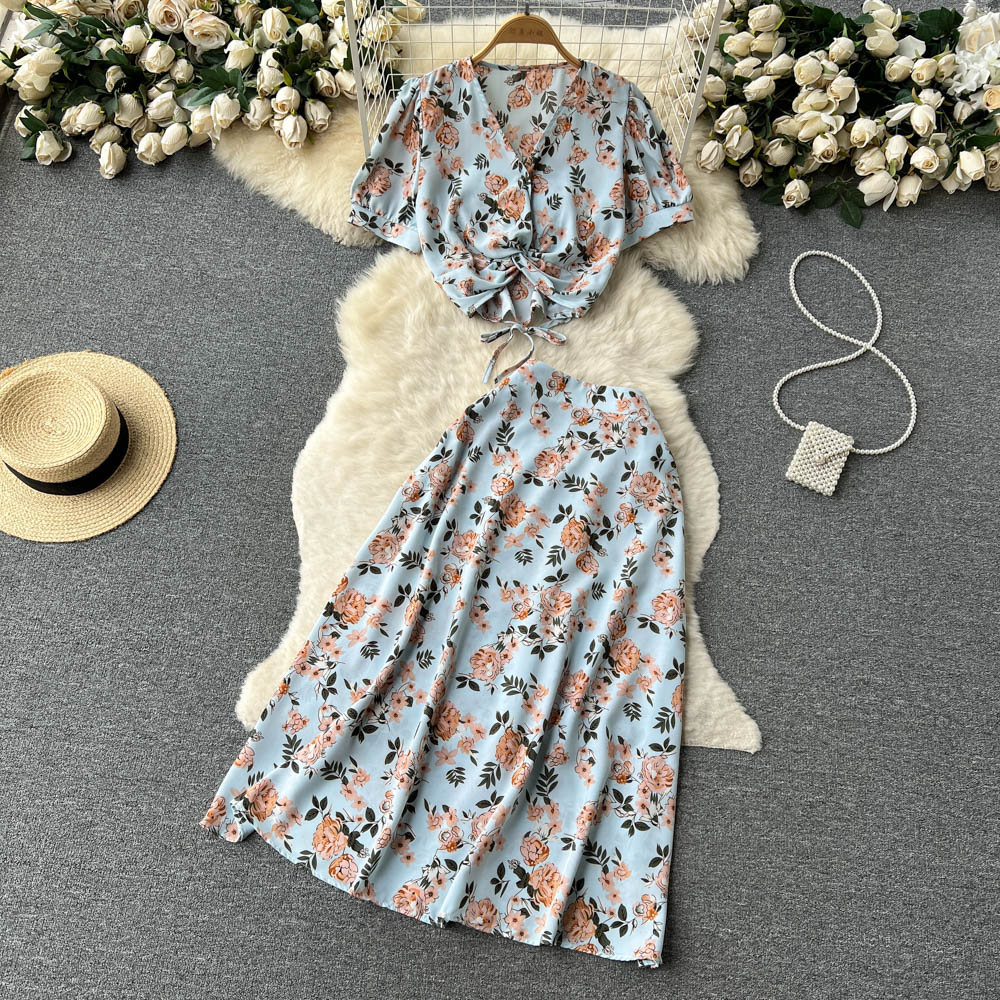 Short summer skirt floral tops 2pcs set for women