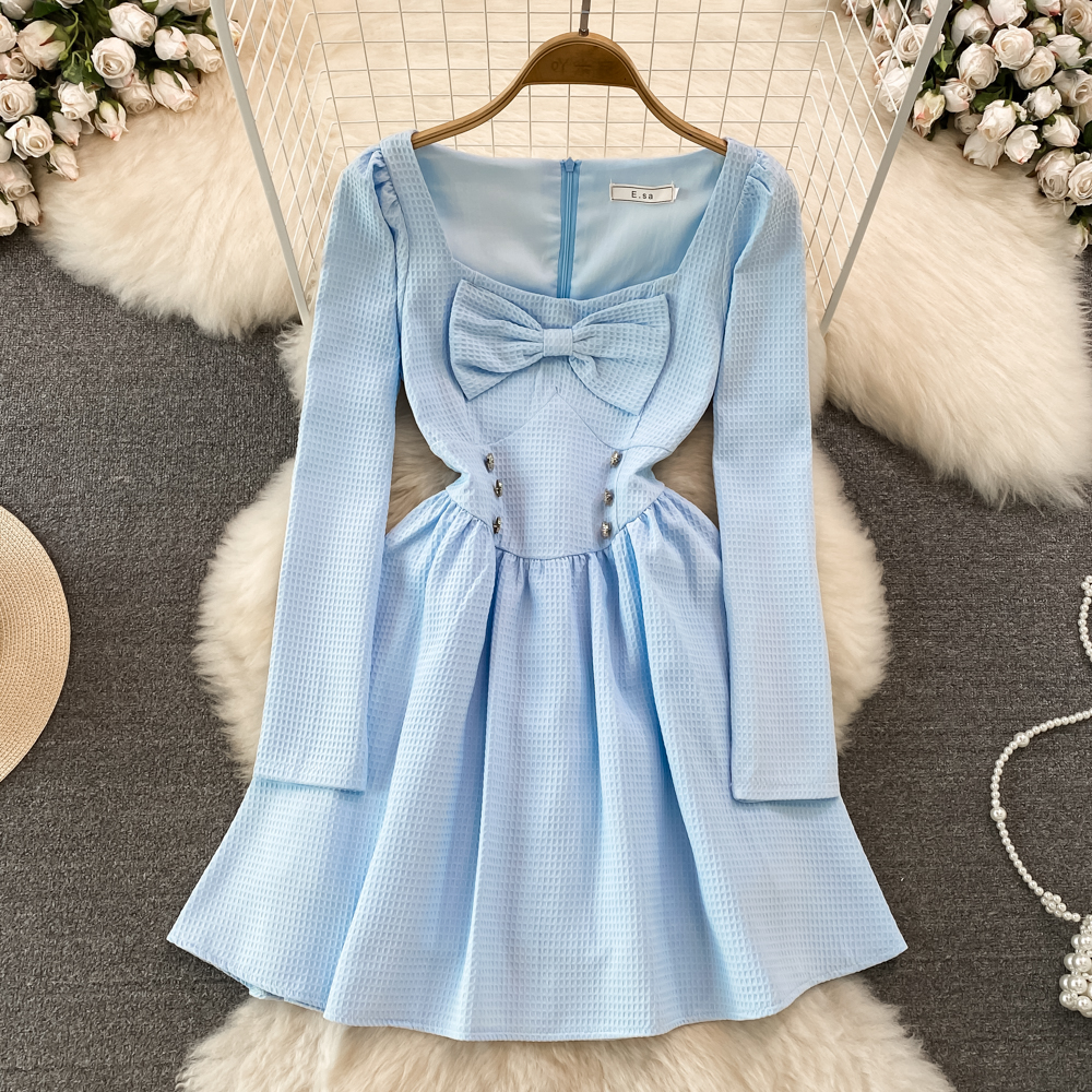 Puff sleeve temperament France style bow dress