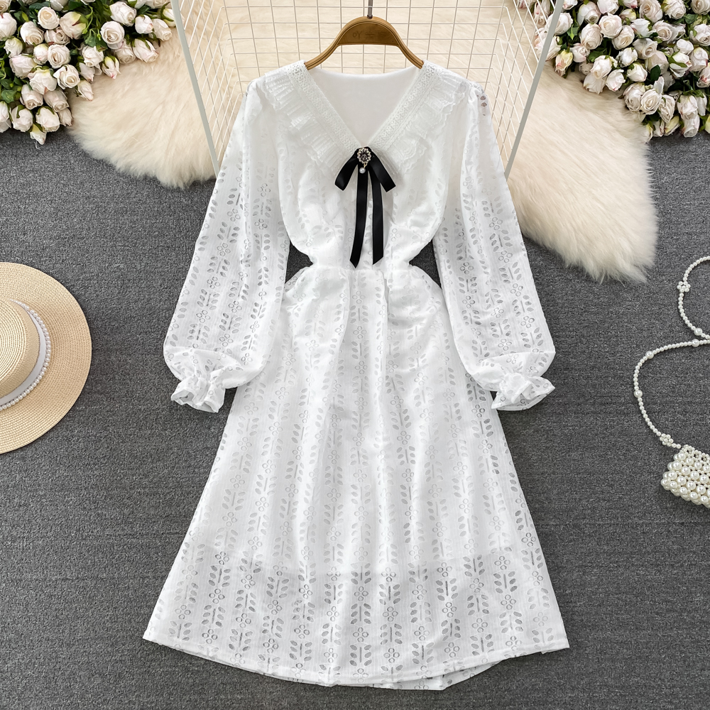 Spring slim lace temperament long France style bow dress