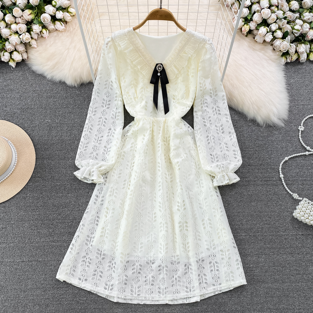 Spring slim lace temperament long France style bow dress