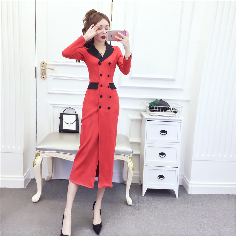Spring and autumn mixed colors coat double-breasted dress