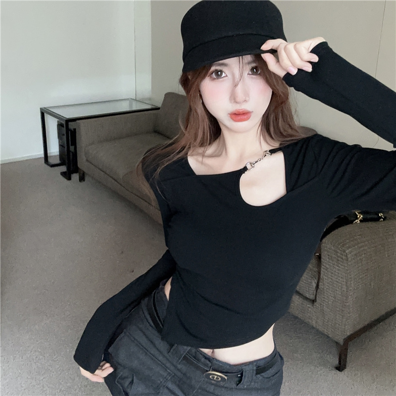 Sexy long sleeve clavicle short Western style T-shirt