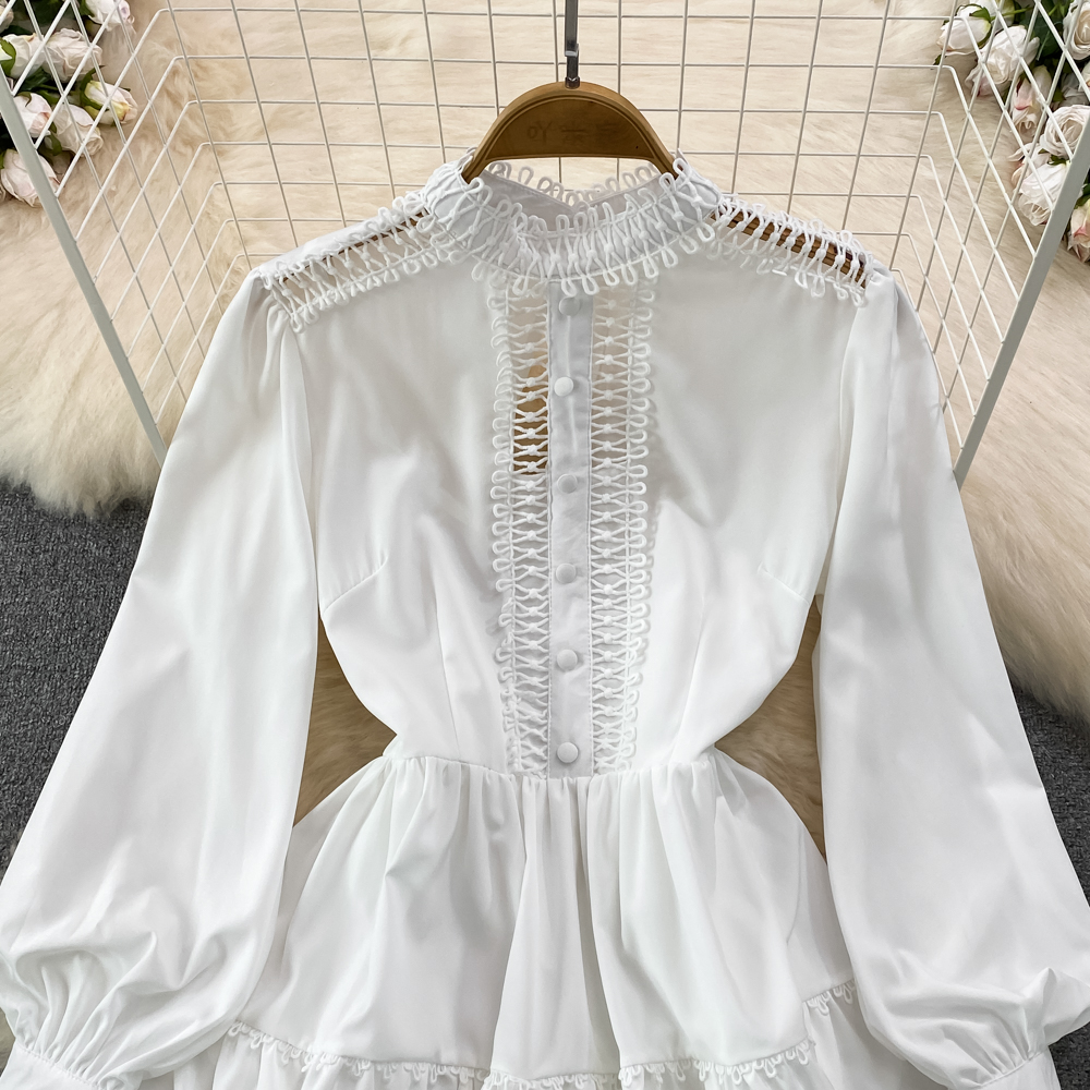 Temperament lantern sleeve splice formal dress hollow lace dress