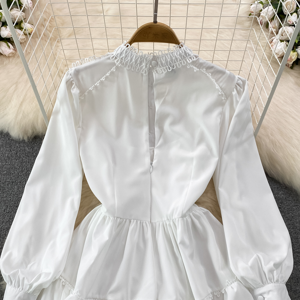 Temperament lantern sleeve splice formal dress hollow lace dress