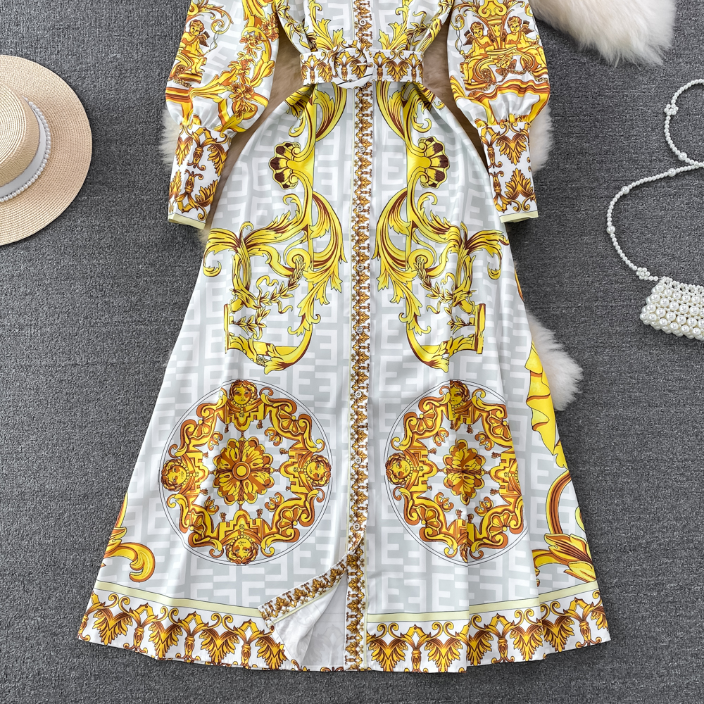 Single-breasted France style dress printing retro long dress