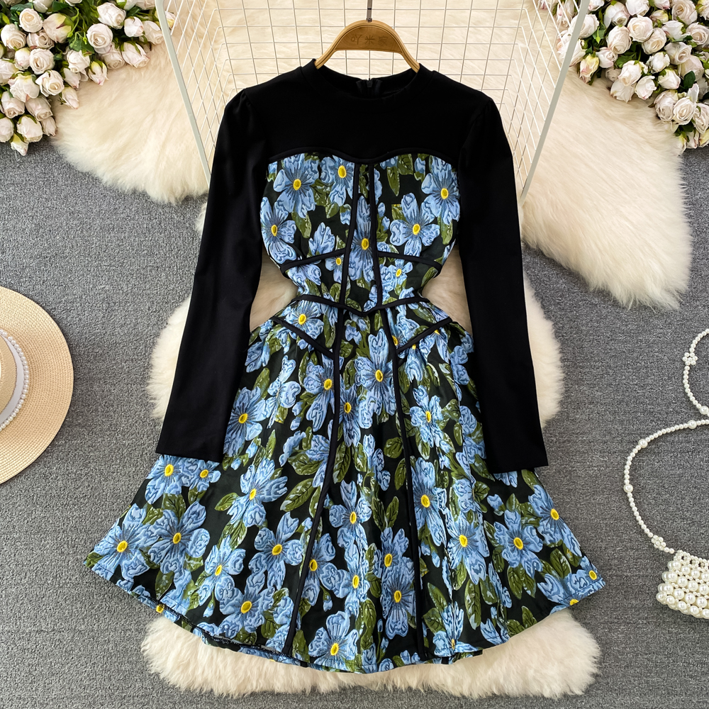 Jacquard retro floral spring and autumn pinched waist dress