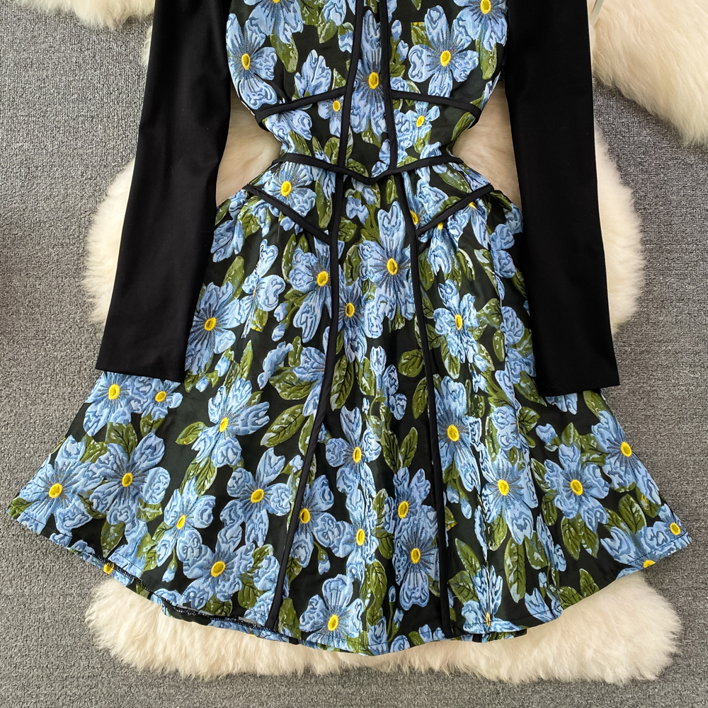 Jacquard retro floral spring and autumn pinched waist dress