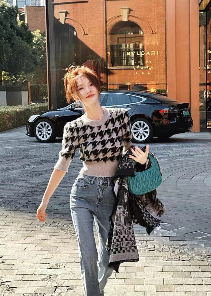 Houndstooth unique tops fashion short sweater for women