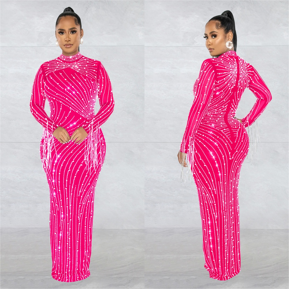 Lined fashion rhinestone long dress 2pcs set for women