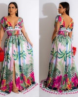 V-neck flowers sleeveless dress painted fashion long dress