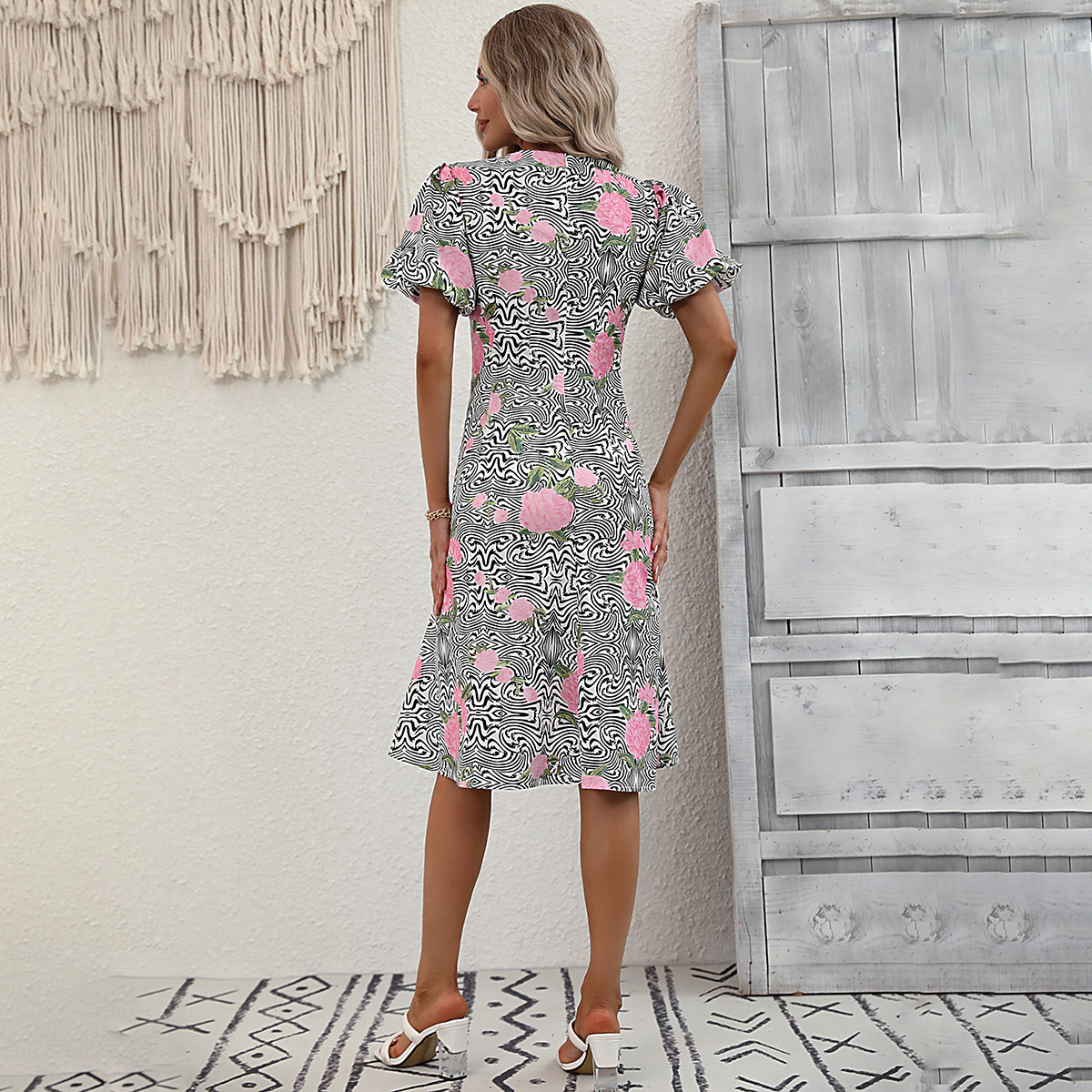 European style printing puff sleeve dress for women