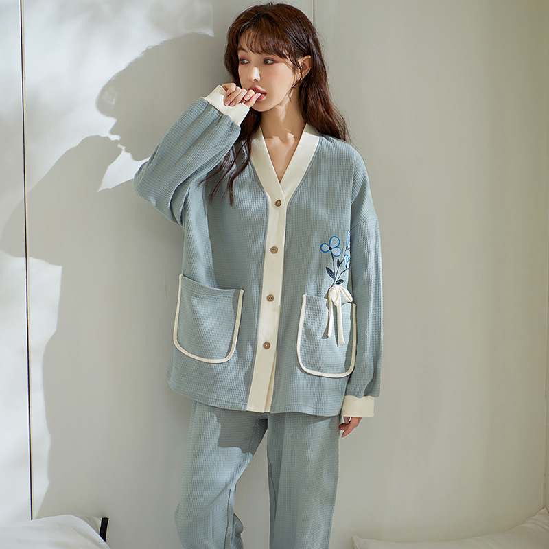 Spring and autumn pajamas cardigan 2pcs set for women