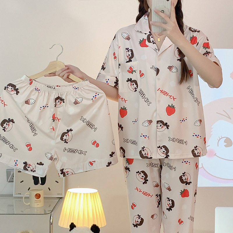 Homewear cardigan double short pajamas 3pcs set for women