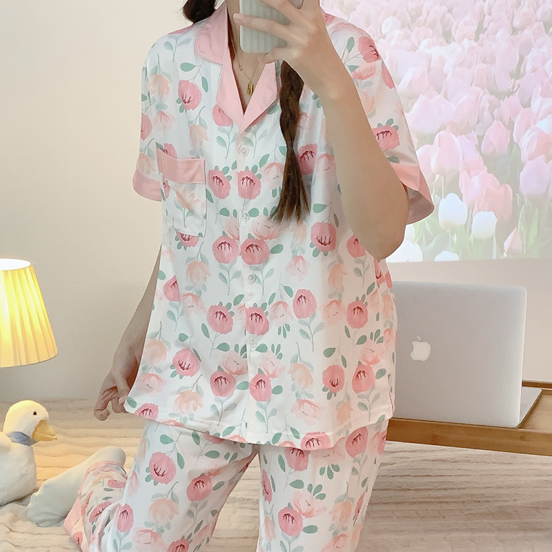 Simple cardigan double short pajamas 3pcs set for women