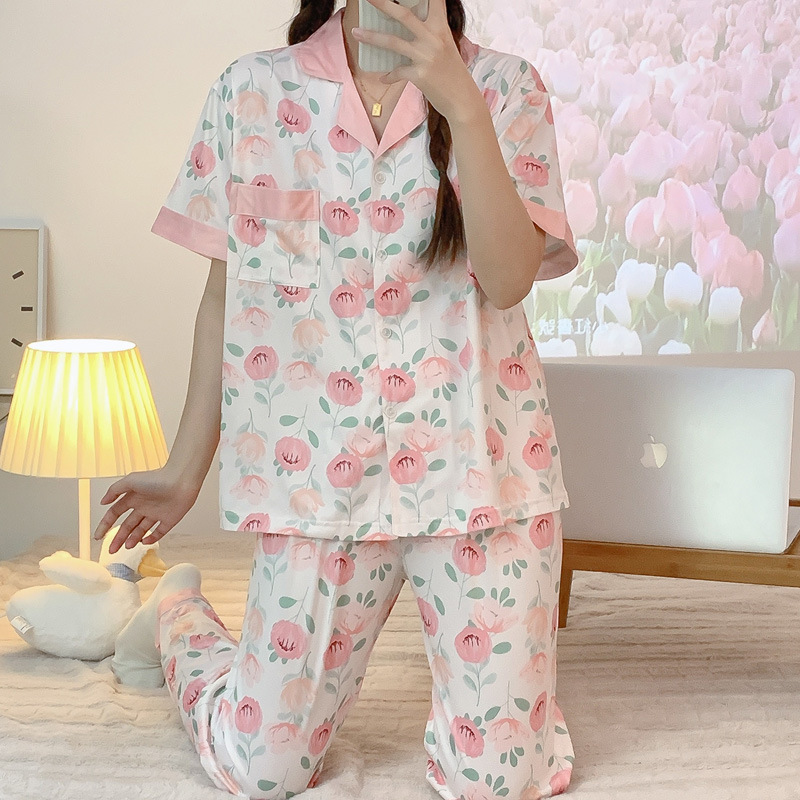 Simple cardigan double short pajamas 3pcs set for women