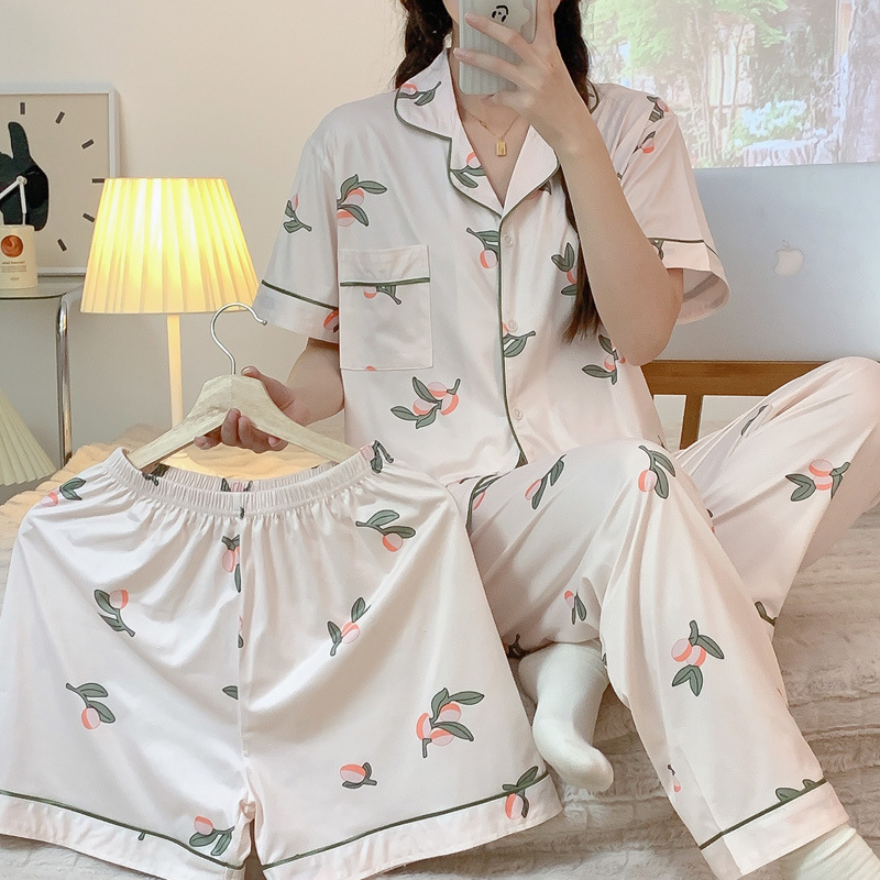 Simple cardigan summer pajamas 3pcs set for women