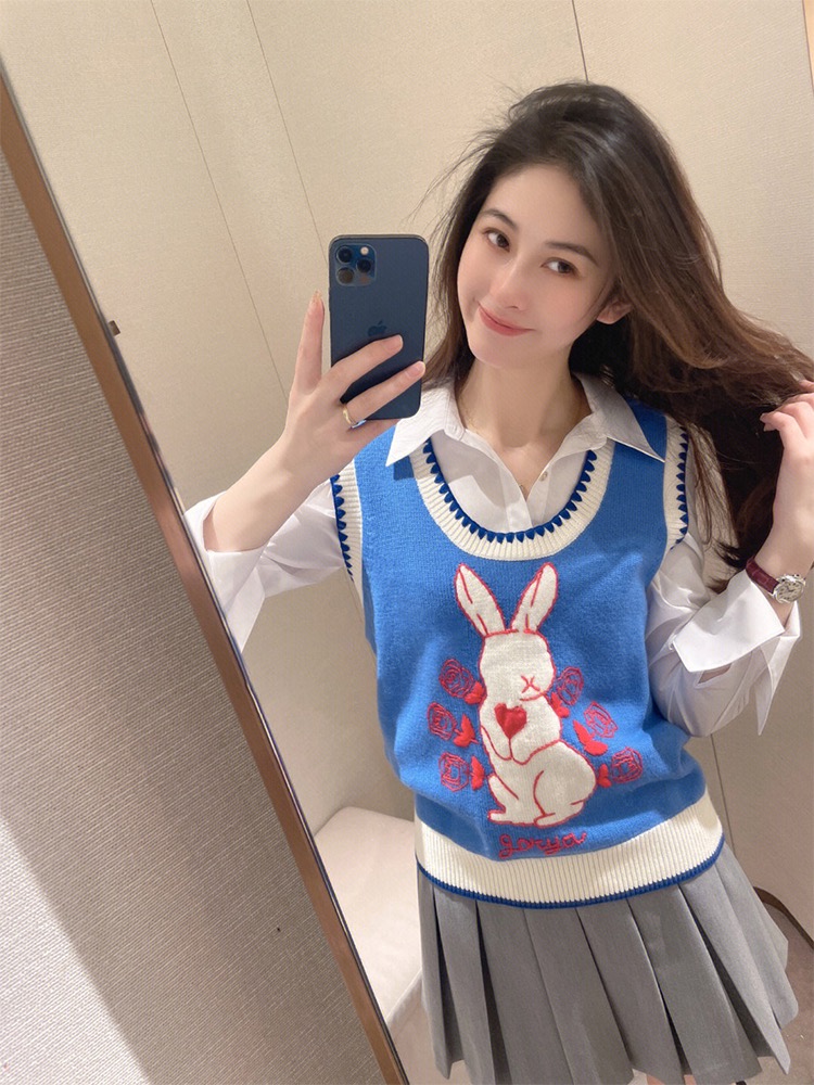 Bunny college style knitted tops refreshing retro coat