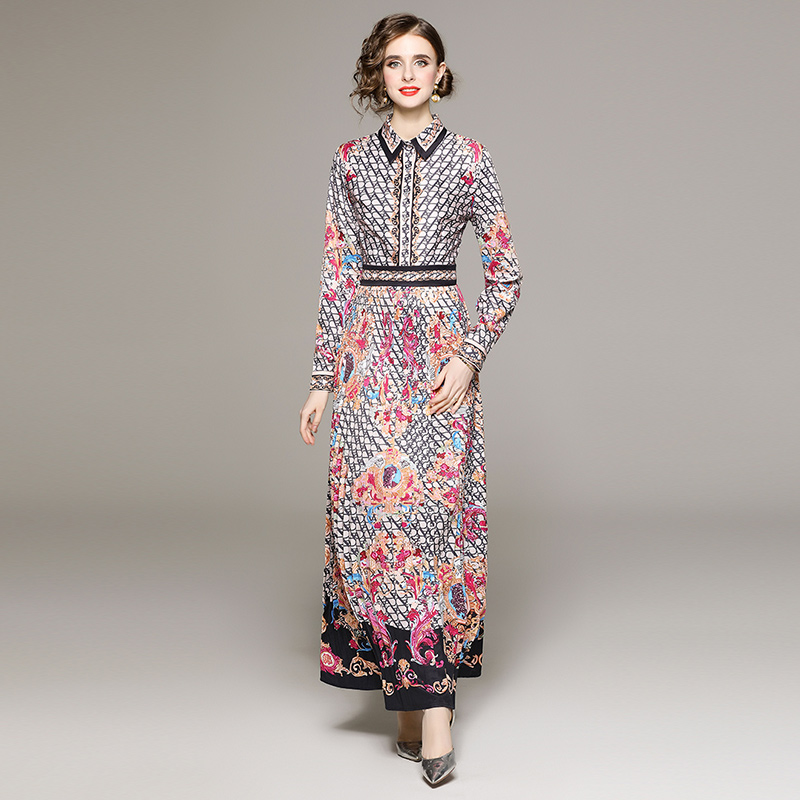 Pleated printing slim all-match fashion European style dress