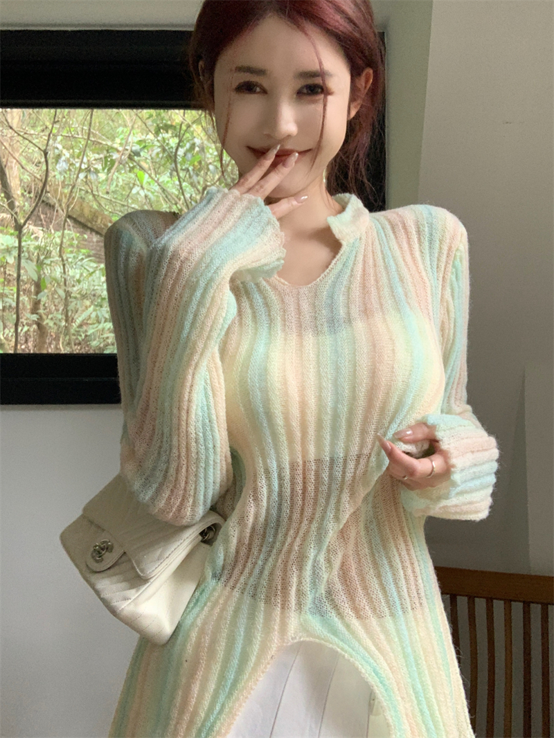 Spring loose tie dye tops sunscreen gradient stripe sweater