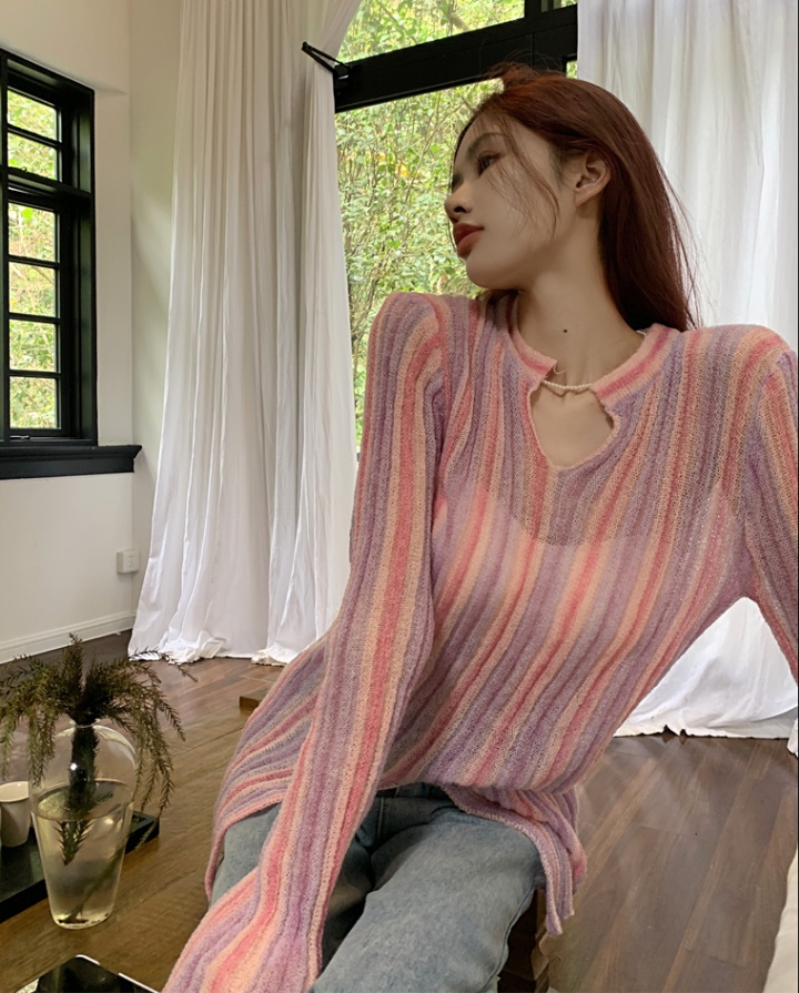 Spring loose tie dye tops sunscreen gradient stripe sweater