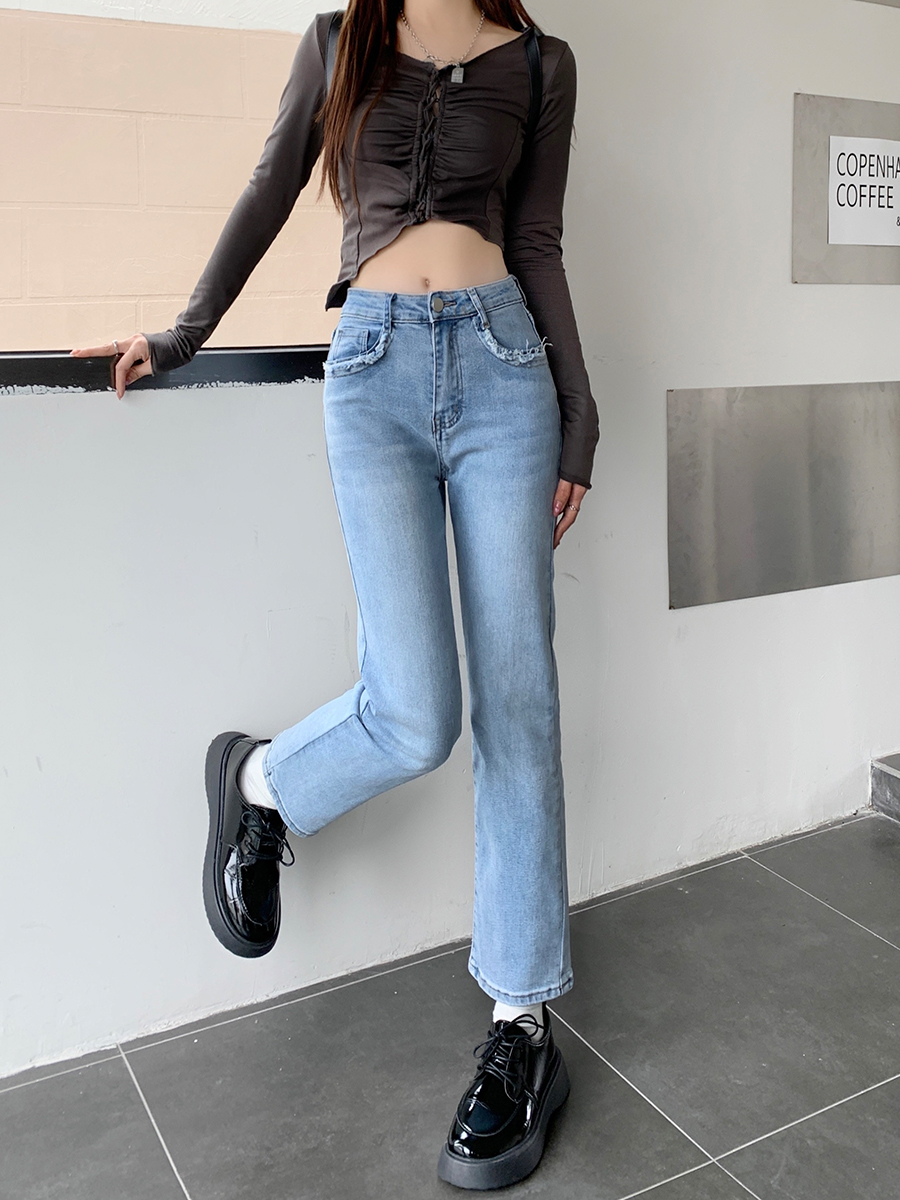 High waist spring straight elasticity burr jeans for women