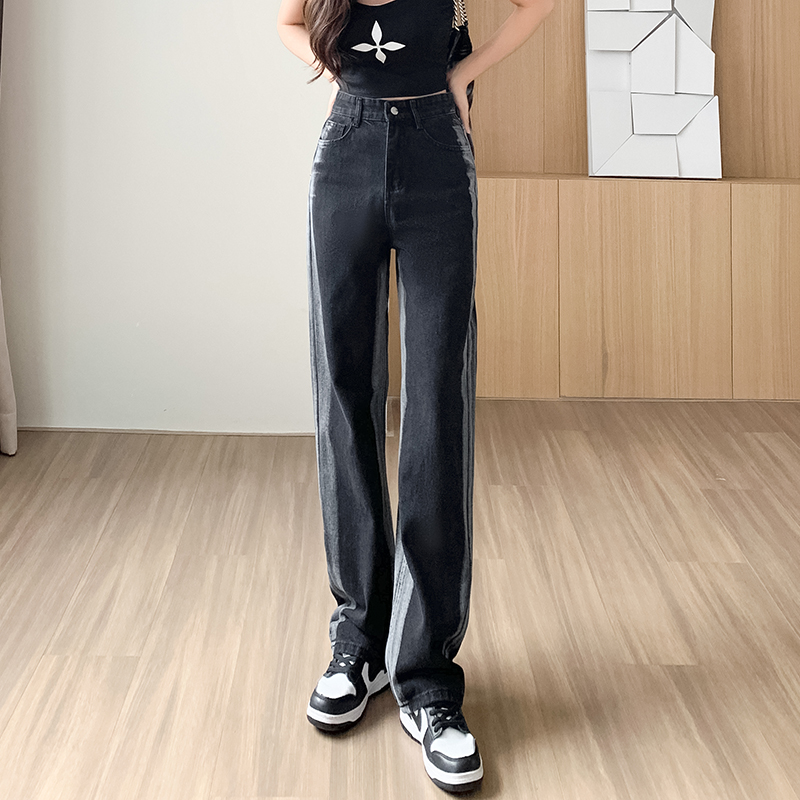 Straight black long pants simple high waist jeans for women