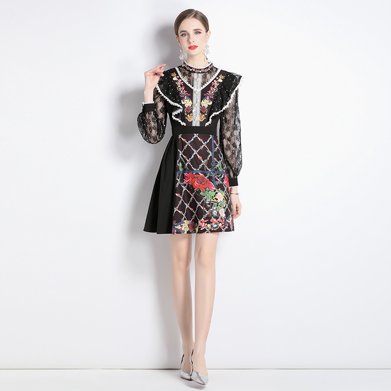 Sequins cstand collar lace printing dress for women
