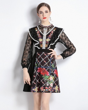 Sequins cstand collar lace printing dress for women