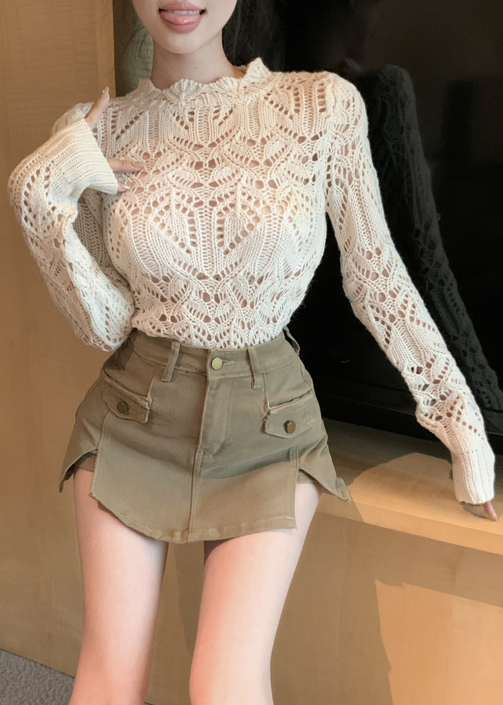 Split slim denim skirt temperament sweater for women