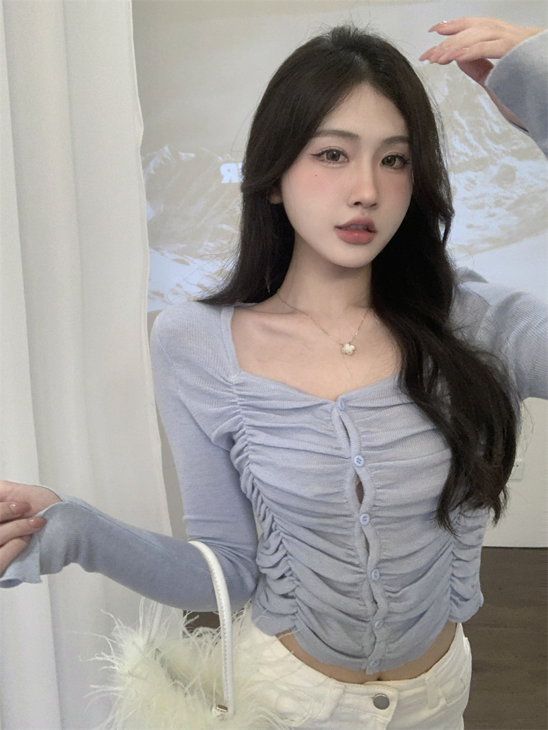 Buckle slim pinched waist sweater spring fold short tops