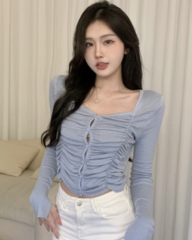 Buckle slim pinched waist sweater spring fold short tops