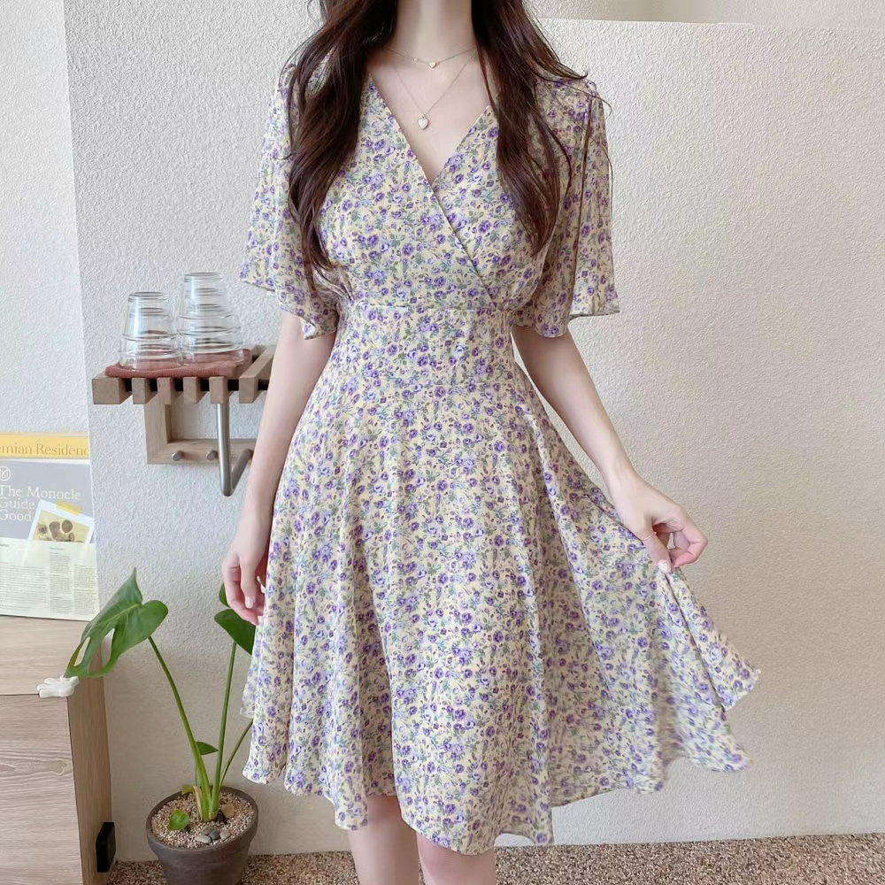 Beautiful France style summer slim pinched waist dress