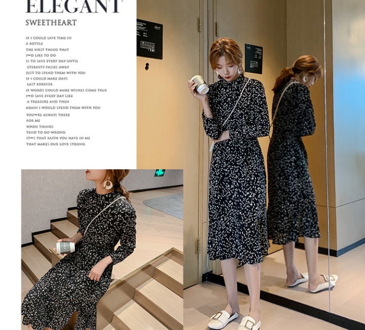Exceed knee long sleeve pinched waist floral Korean style dress