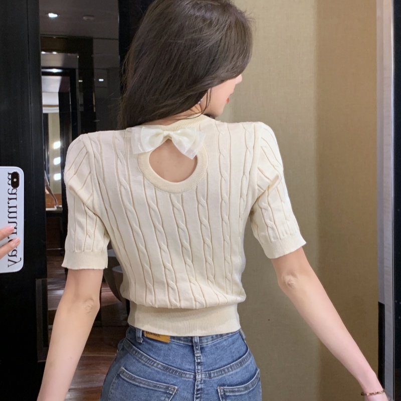 Hollow short sleeve T-shirt bow tops for women