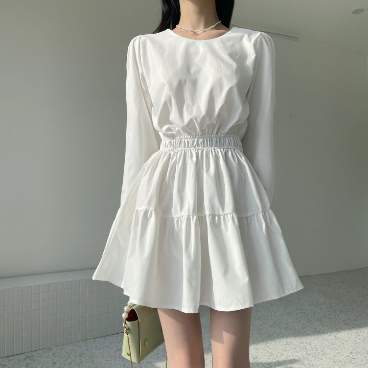 Pinched waist Korean style all-match spring slim simple dress