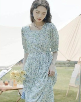 Pinched waist floral puff sleeve refreshing dress