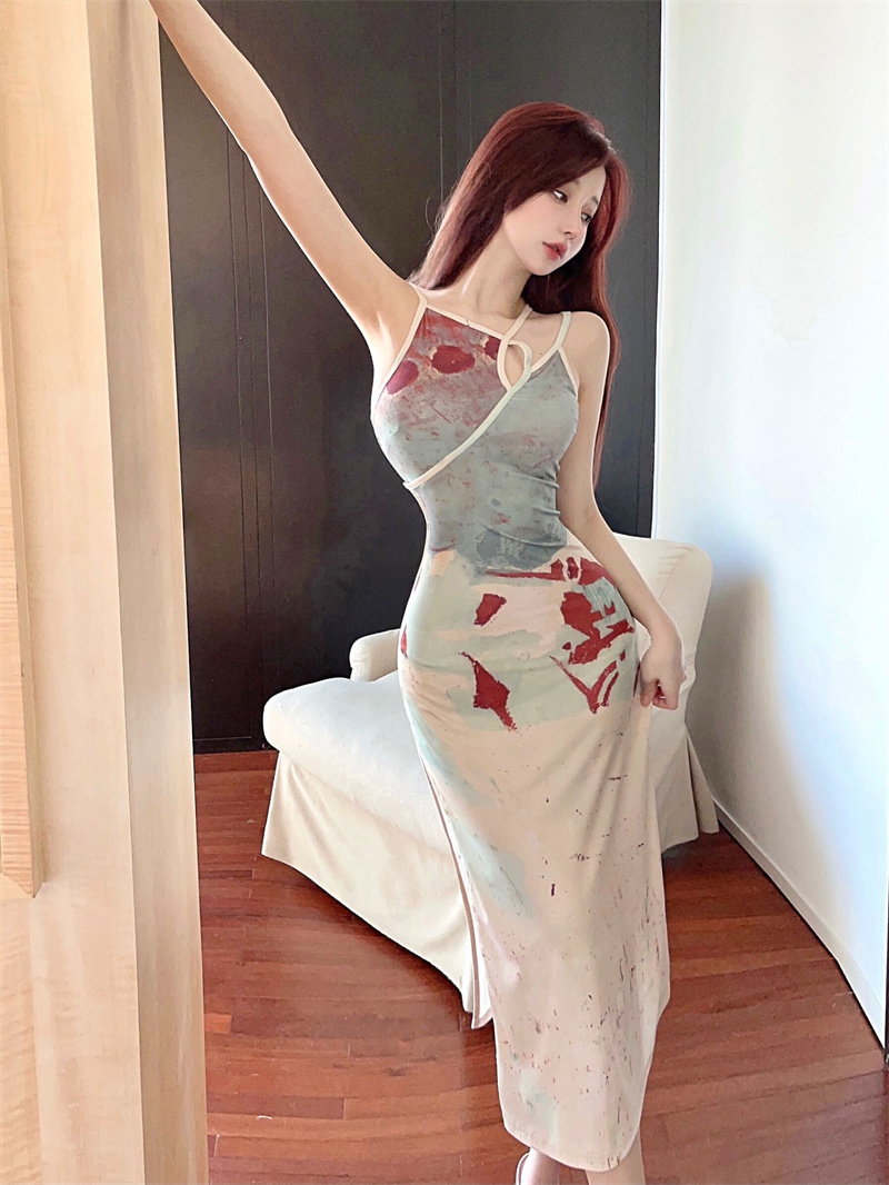 Slim hollow printing dress