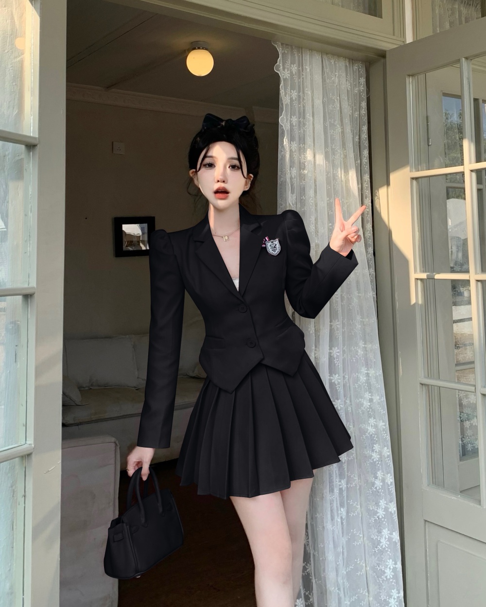 Student British style skirt puff sleeve business suit a set